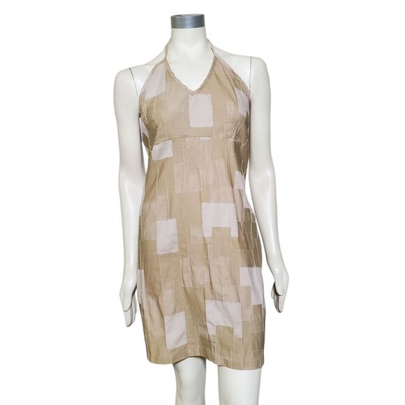 Vintage 90s Gantos Patchwork Halter Dress Size L Tan Mini Dress Bohemian Womens - Picture 1 of 9